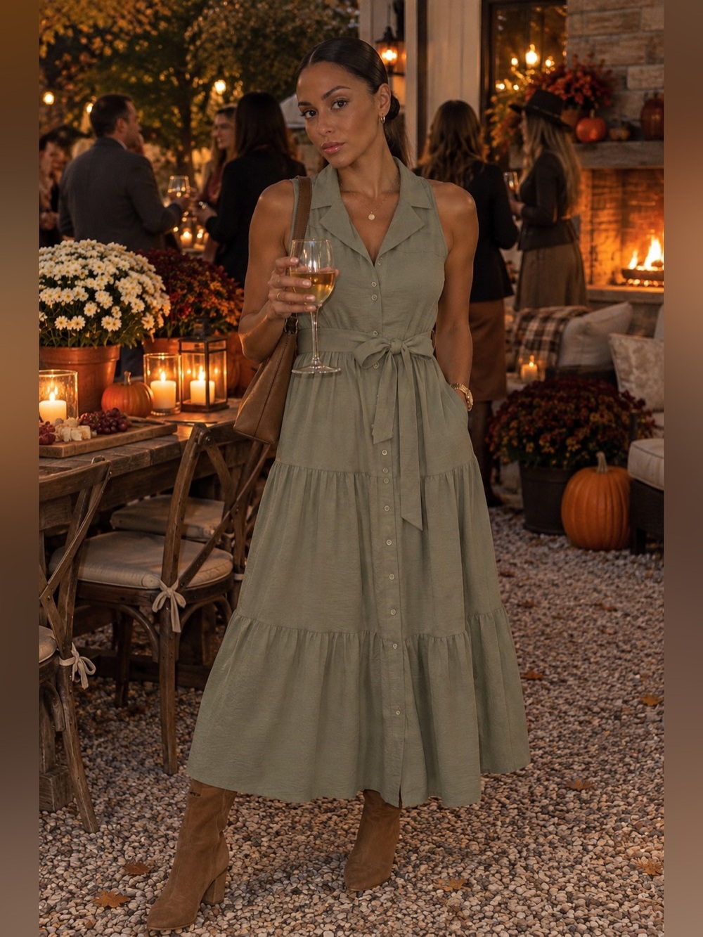 Sleeveless Sage Tiered Button-Front Maxi Dress with Self-Tie Waist
